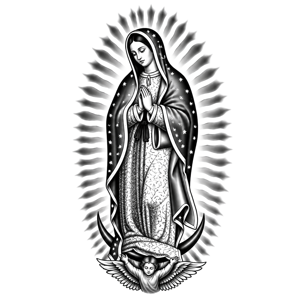 A Virgin Mary framed by soft grey rays
