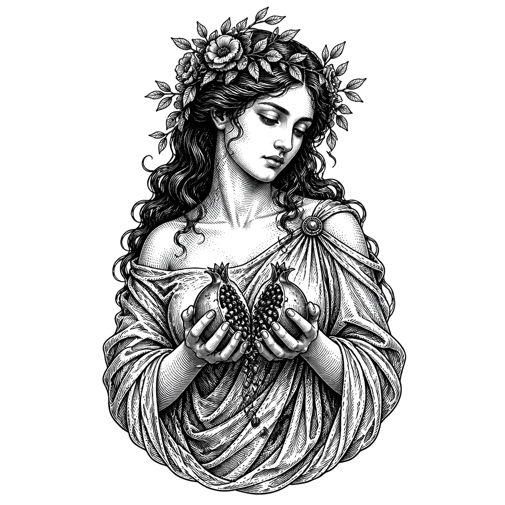Persephone holding a split pomegranate