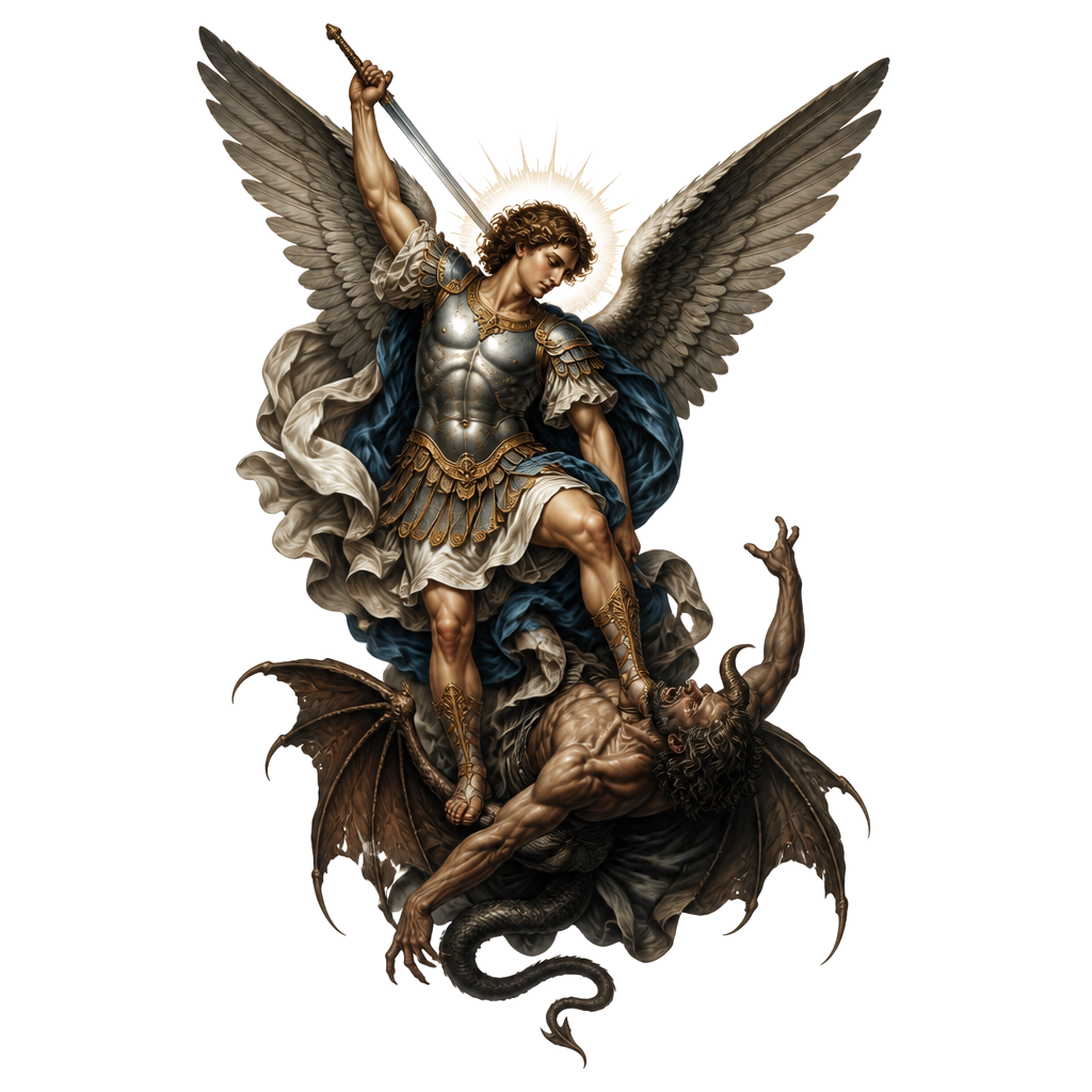 Saint Micheal the archangel defeating and casting Satan