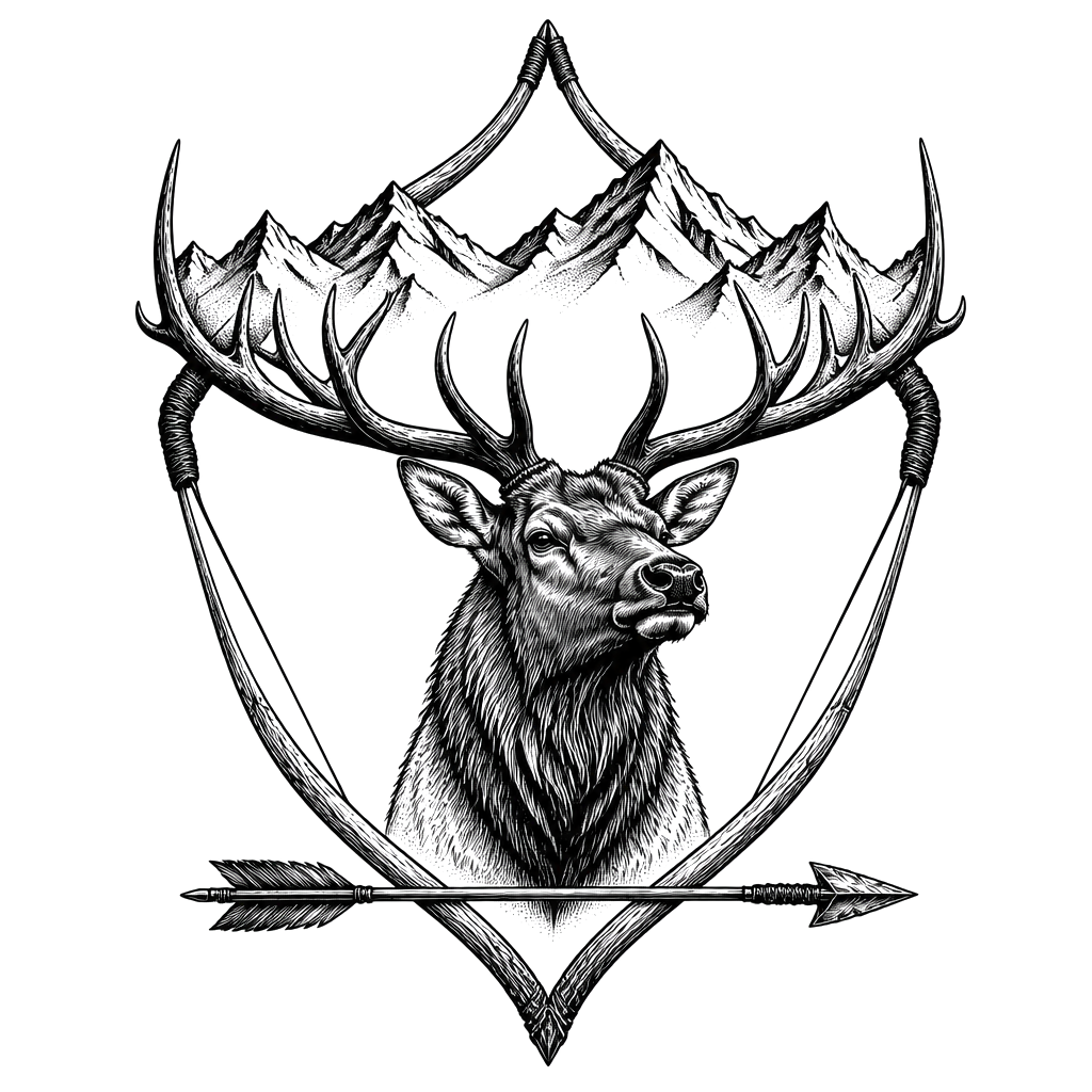 A bull elk framed by a drawn bow, antlers merging into mountain ridgelines, with a single arrow crossing beneath.
