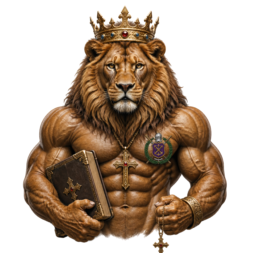 Lion brave muscular with crown of a king who is a bodybuilder. With holy Bible and necklace cross in hand or paw