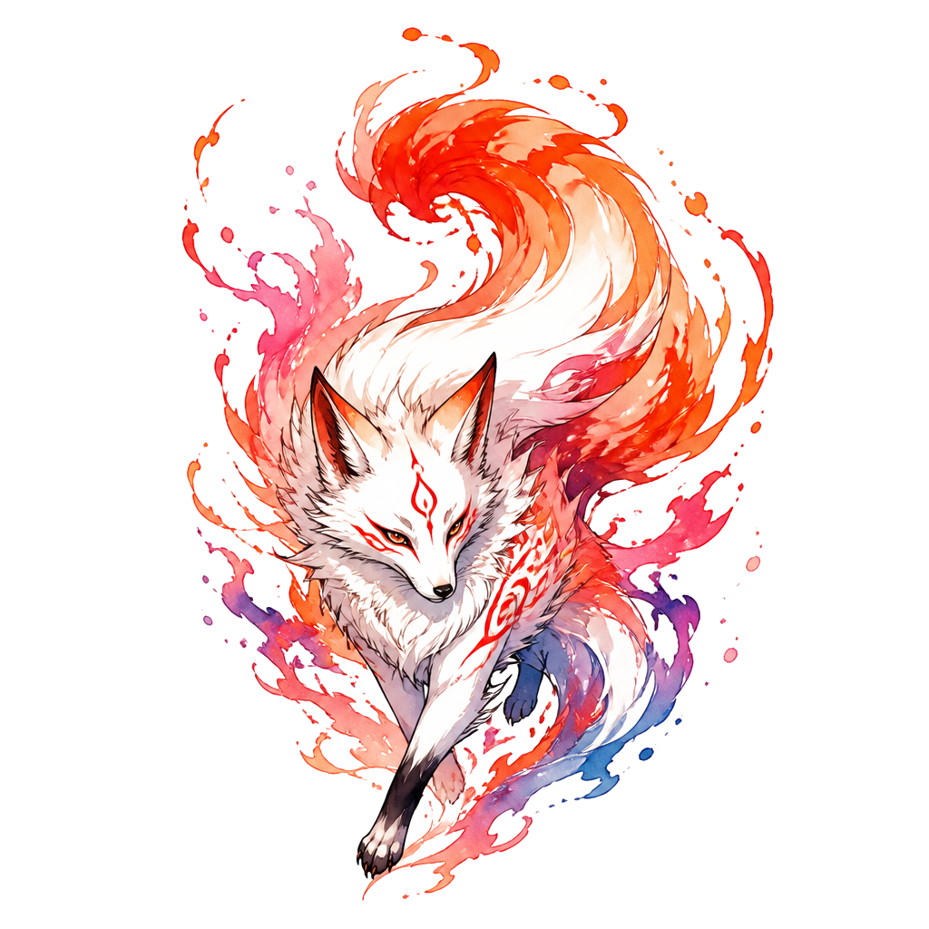 A fox spirit trailing paint-splash flames