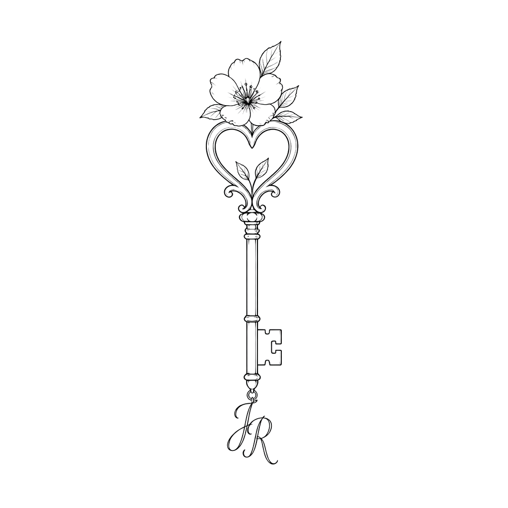 Create a key in a minimalist. Add a flower to the top, and the letters “J R” to the bottom. The top of the key should be shaped like a heart.