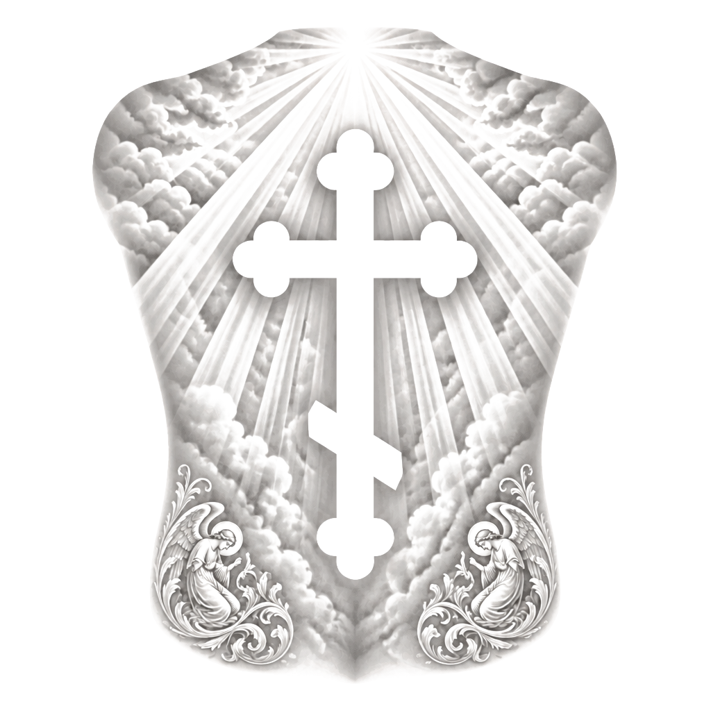 Full back piece with a Christian orthodox cross tattoo in negative space. I want sunrays to border the top and upper corners. Add two other smaller pieces in both lower corners. Keep simple