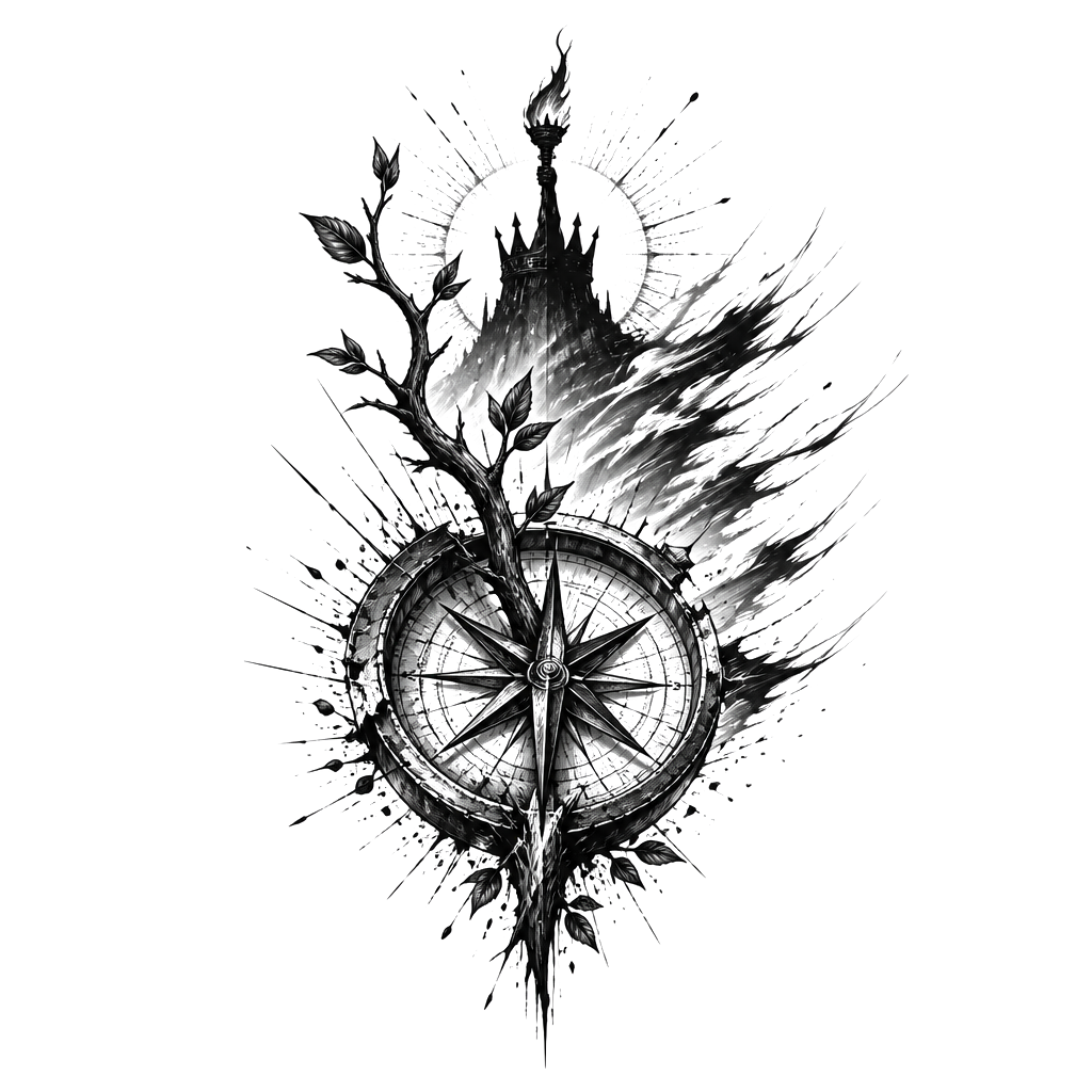 A weathered compass pierced by a sprouting branch, radiating sparks and forward-rushing wind, with a distant torch-bearing crown silhouette rising behind it.