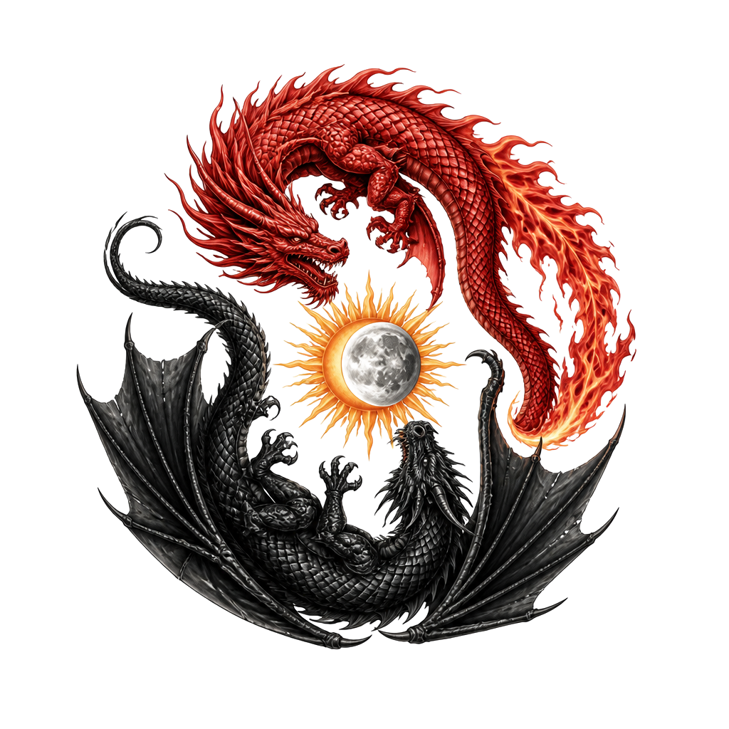 Un dragon rouge avec la queue en flamme et un dragon noir un peu différent avec des ailes, placé à l’envers comme le ying et le yang, avec au milieu des deux dragons une lune et un soleil