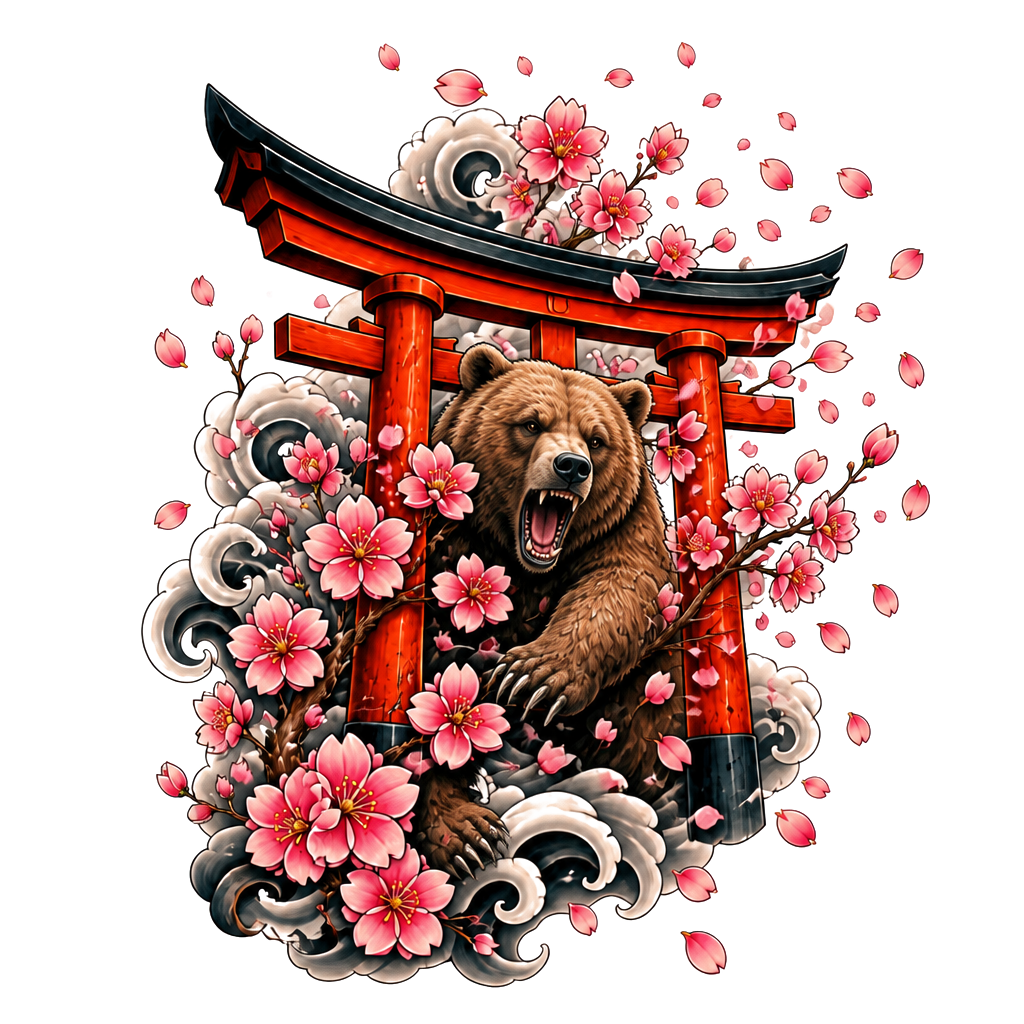 Cherry blossoms scattering off a torii gate