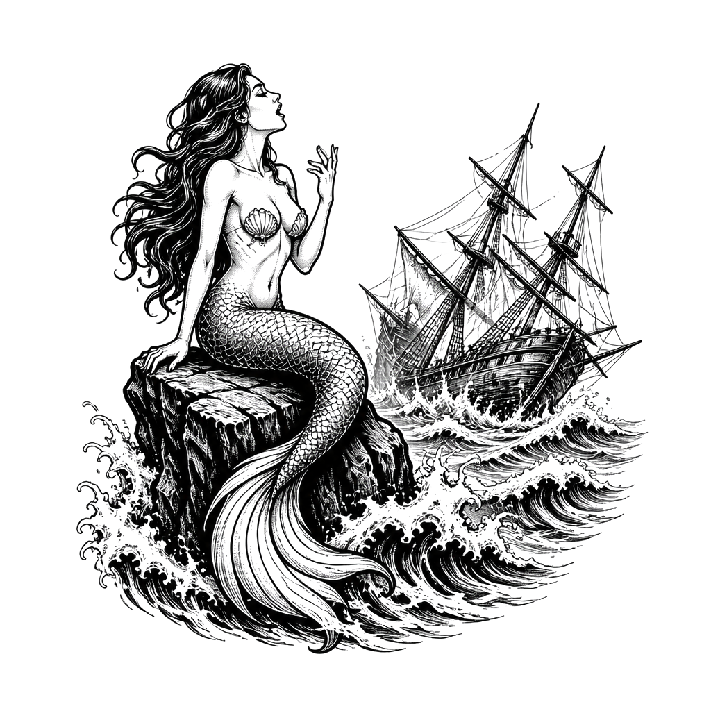 A siren perched on a rock singing to a sinking ship