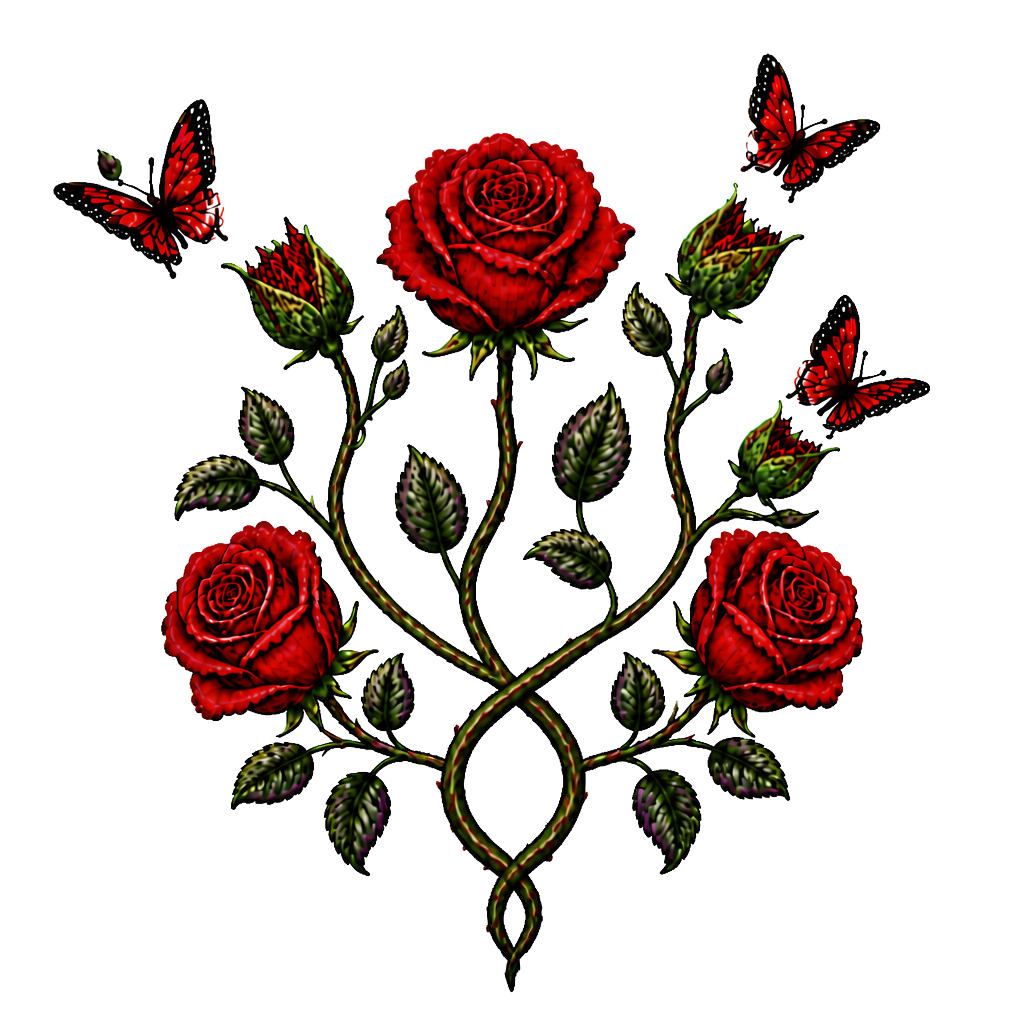 1 rote Rose, 1 geschlossene Rose wo ein Schmetterling entsteht,2 geschlossene Rosen an einen Strang wo aus den geschlossenen Rosen Schmetterlinge entstehen, 1 lila Rose und 1 rote Rose. Alles zusammen mit den Namen Fabian und Dèsirèe verbunden