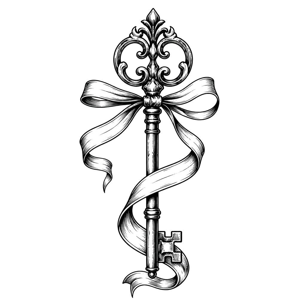 An ornate skeleton key tied with a long flowing ribbon
