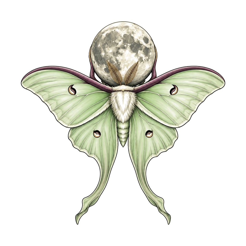 A luna moth carrying the moon on its back