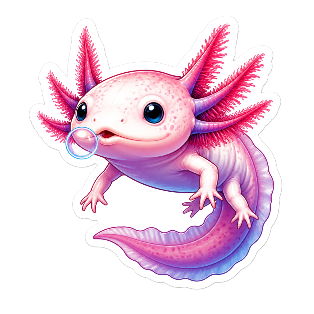 A die-cut axolotl blowing a tiny bubble