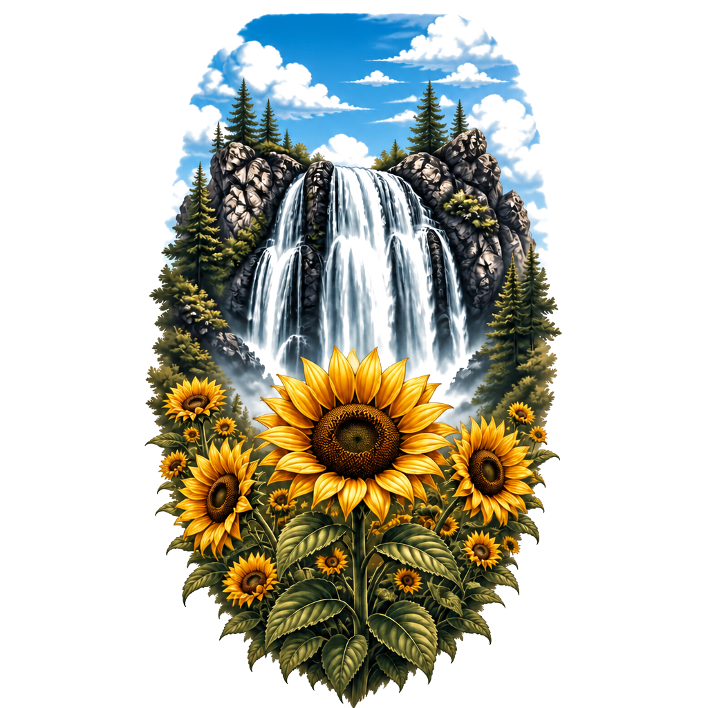 Waterfall behind a field of sunflowers
