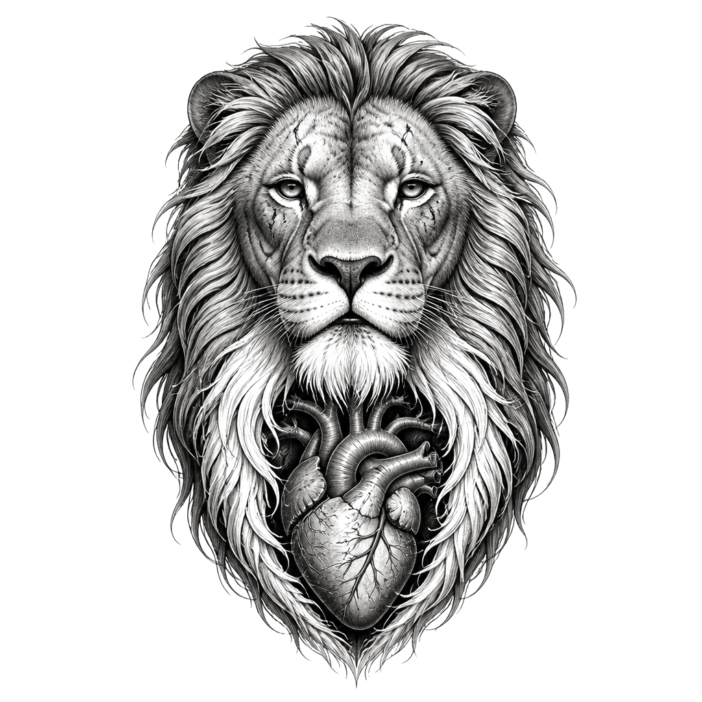A male lion with heart beating showing with white mane color in under the mouth area.