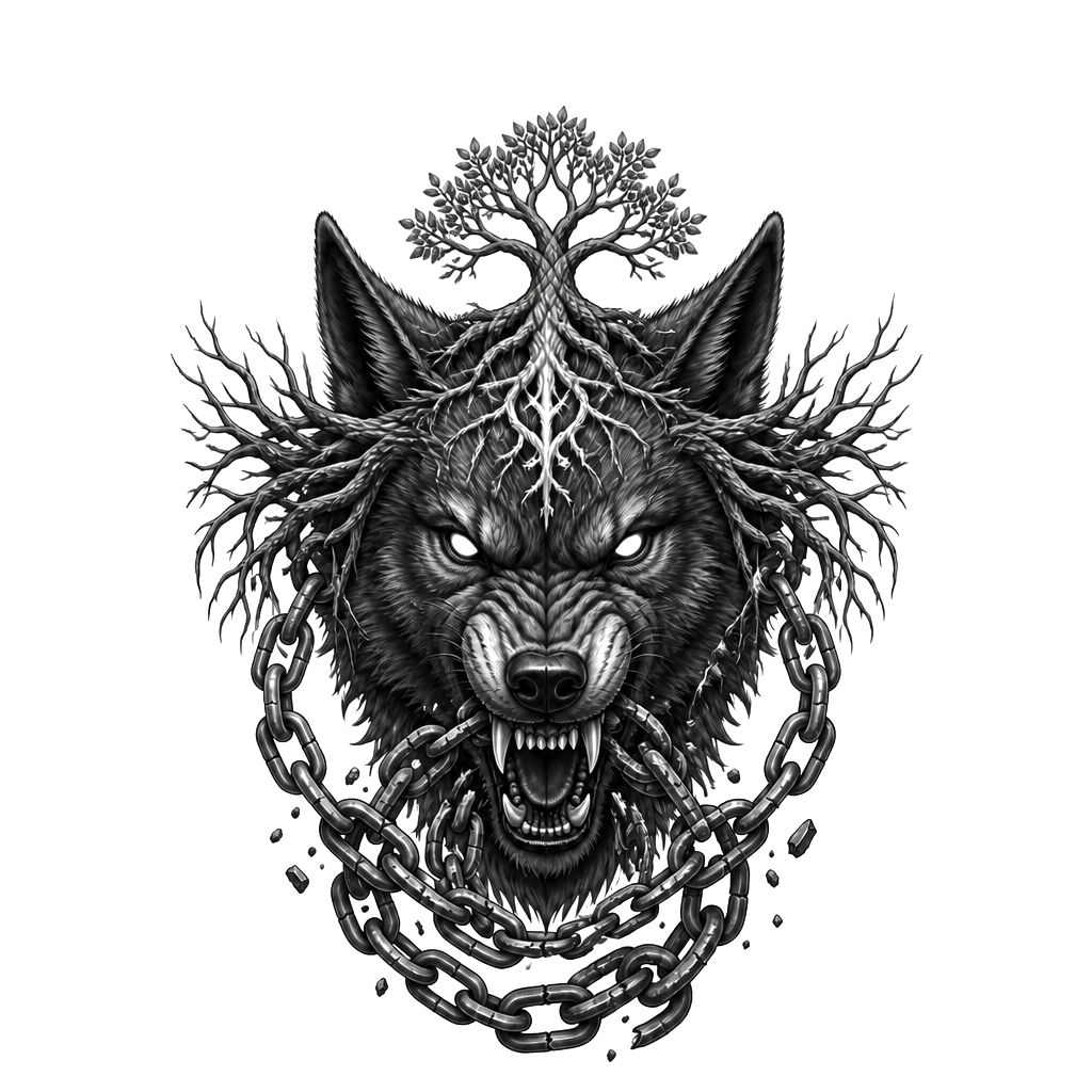Fenrir’s snarling head centered on the forehead, Yggdrasil roots spreading toward the temples, broken chains flowing from its jaws and wrapping around the neck.