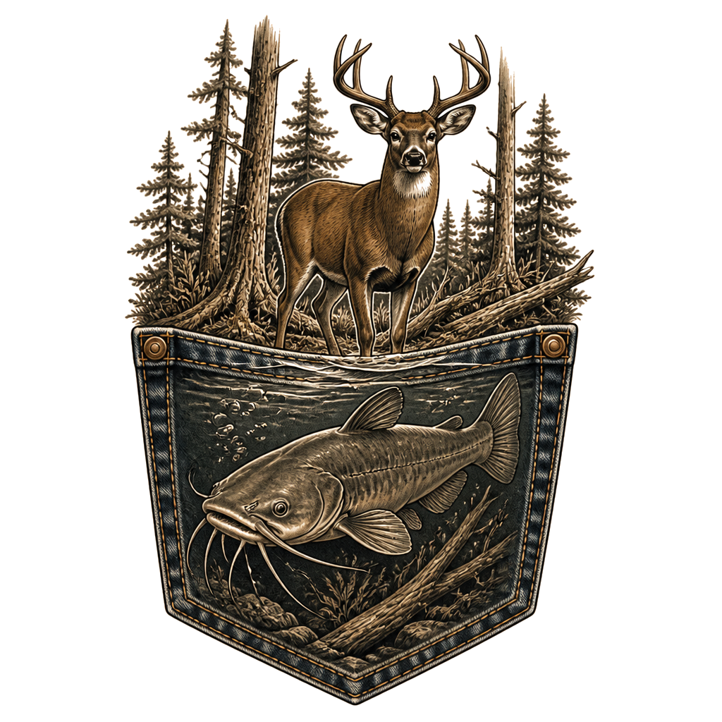 Deer in woods with catfish on wrangler pocket