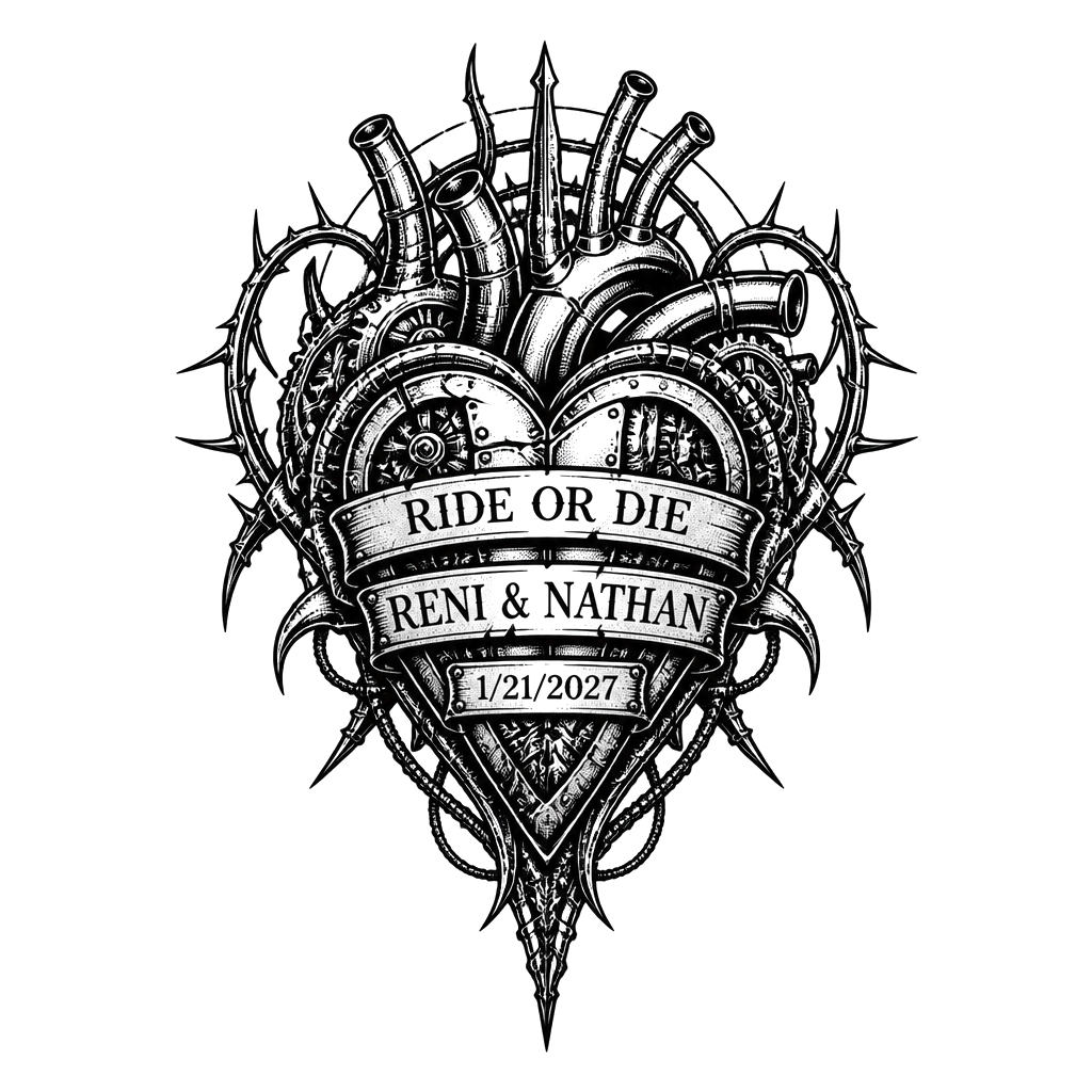 Heart(not a real heart) with ride or die and incorporate Reni & Nathan. Please put wedding date, 1/21/2027