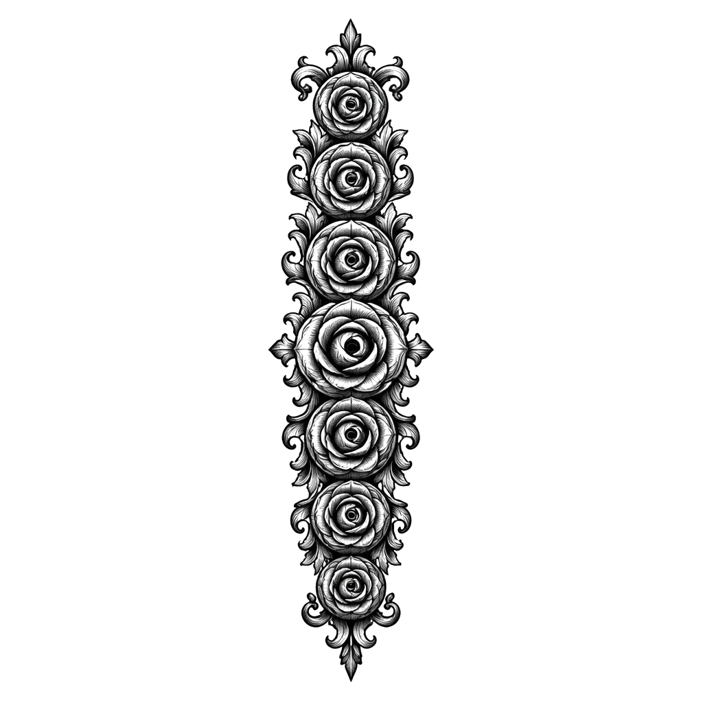 A spine chain of carved rosettes