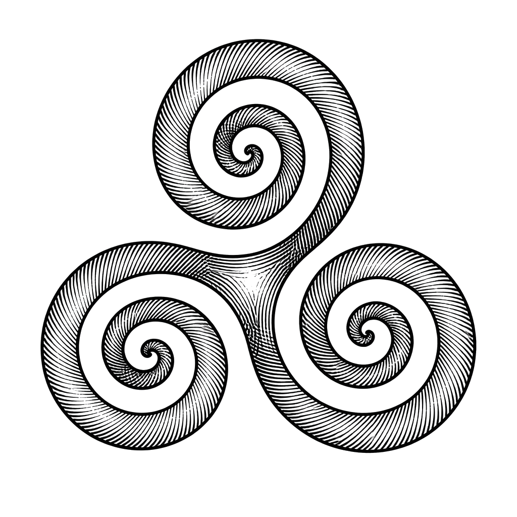 A triskelion of three spirals cut with fine hatching