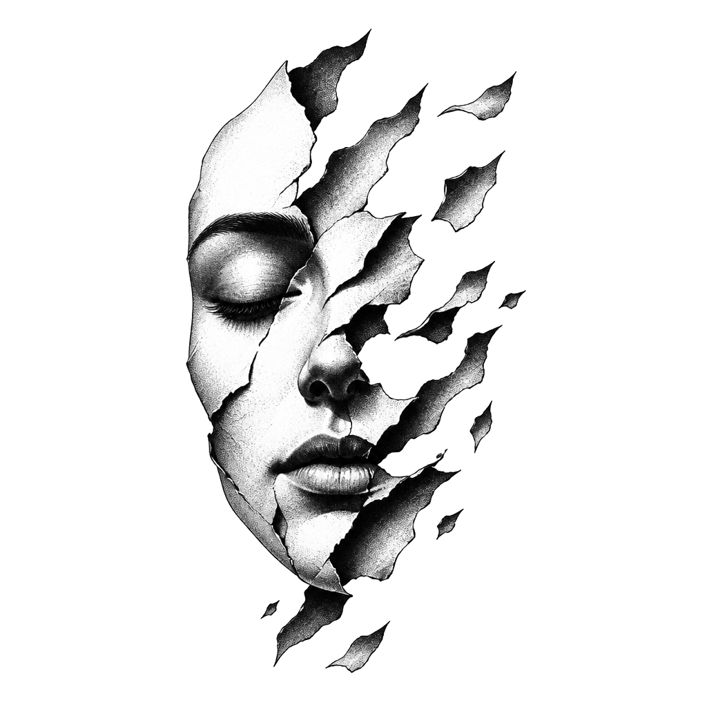 A face dissolving into torn paper shapes