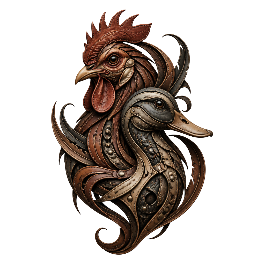 Chicken and duck in leather philligraphy