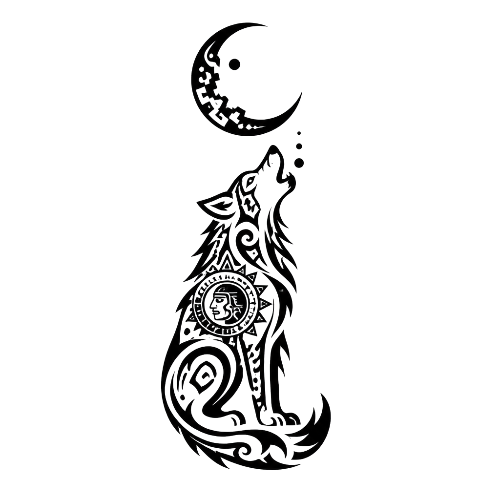A wolf howling at a crescent moon, lots of negative space