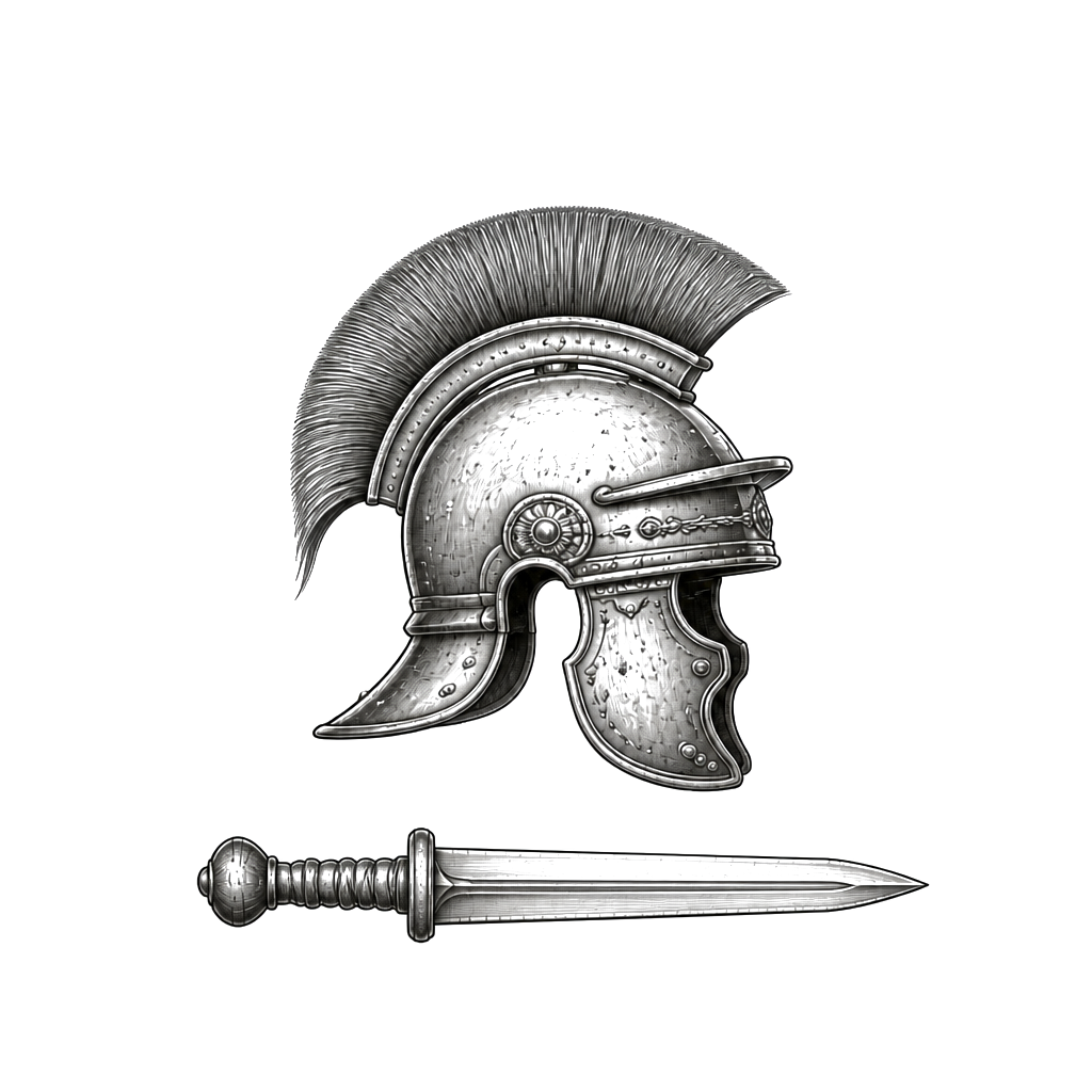 “Veni vini vici” in Roman lettering and over a Roman helmet with a Roman sword underneath