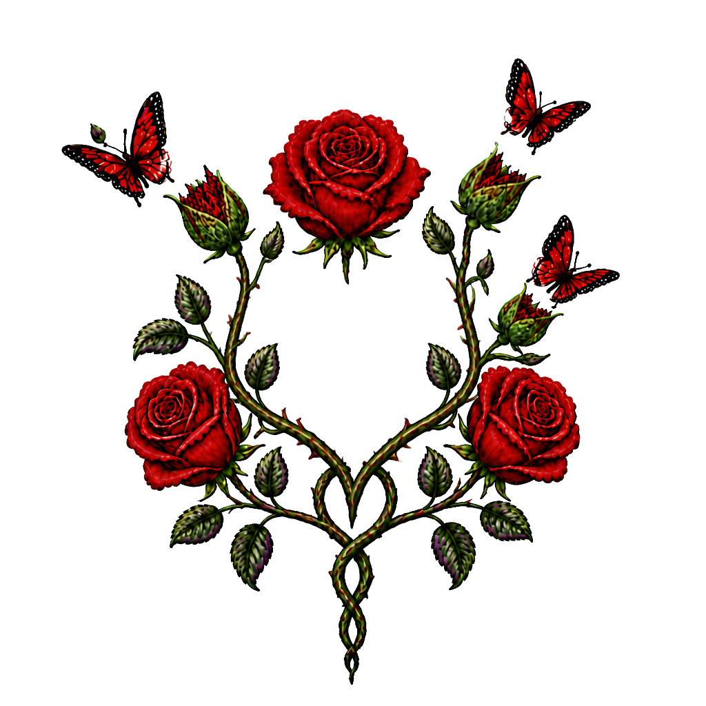 1 rote Rose, 1 geschlossene Rose wo ein Schmetterling entsteht,2 geschlossene Rosen an einen Strang wo aus den geschlossenen Rosen Schmetterlinge entstehen, 1 lila Rose und 1 rote Rose. Alles zusammen mit den Namen Fabian und Dèsirèe verbunden
