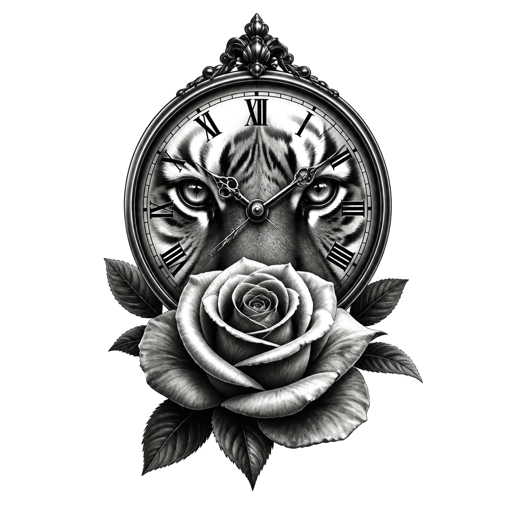 A clock with tiger blue eyes and a rose