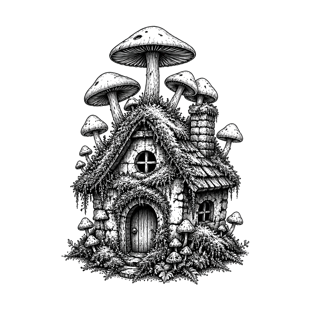 Mushrooms and moss overtaking a tiny house