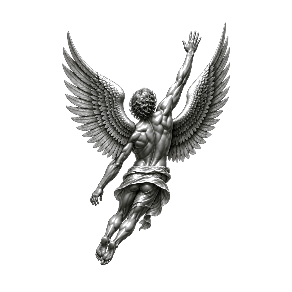 Un ange musclé détendu mais qui semble bondir vers le ciel avec le bras tendu vers le haut la paume de main ouverte. Il regarde dans la même direction que son bras tendu. Son corps et ses jambes ne sont pas complètement droites. Il a des ailes