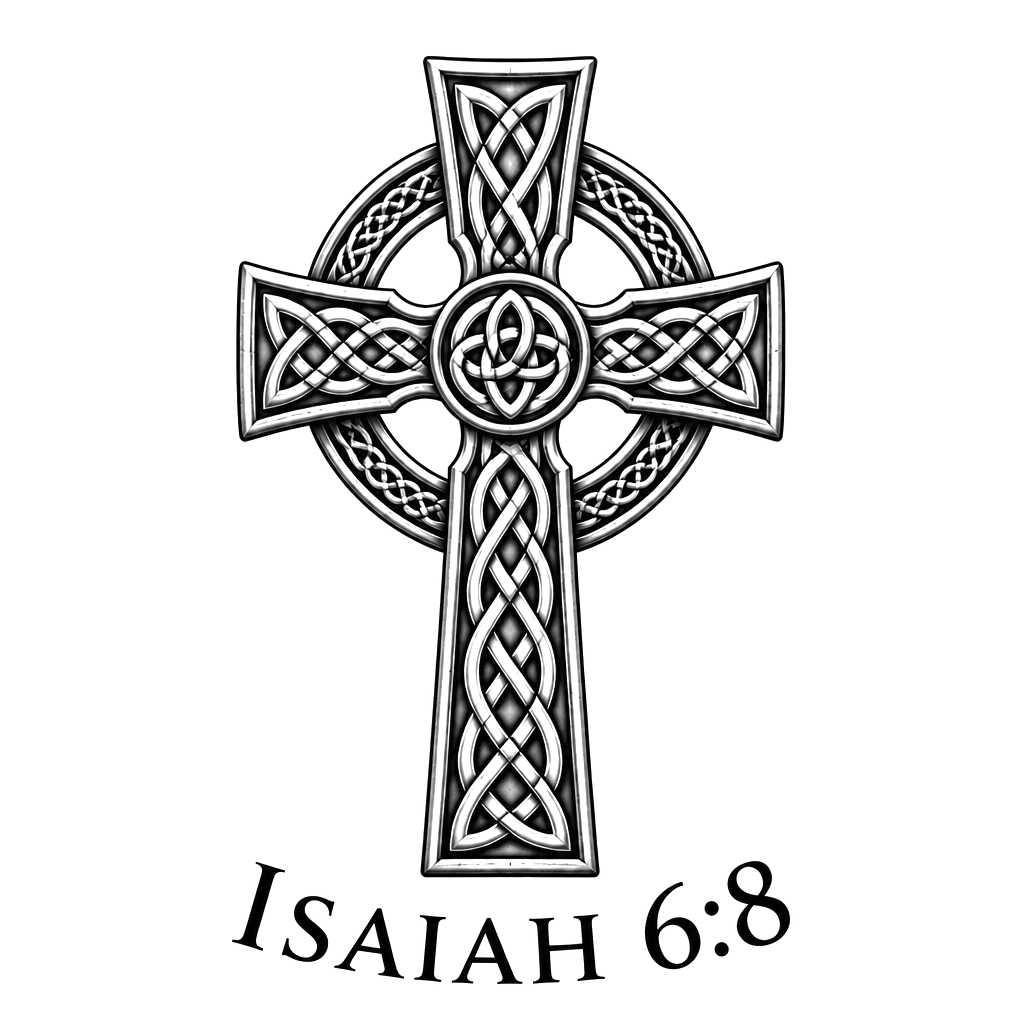 Celtic cross with Isaiah 6:8 written underneath it