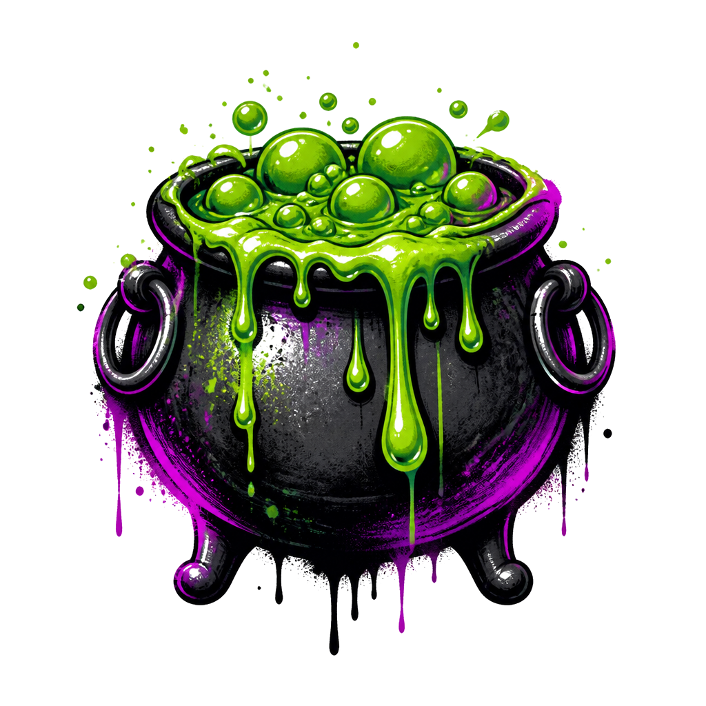 A spray-painted cauldron bubbling over with green slime