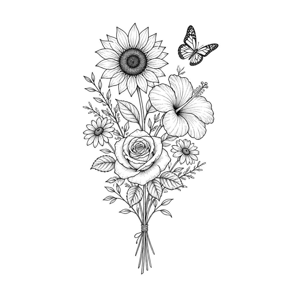 A thin bouquet of sunflowers , hibiscus , roses , daises and a butterfly