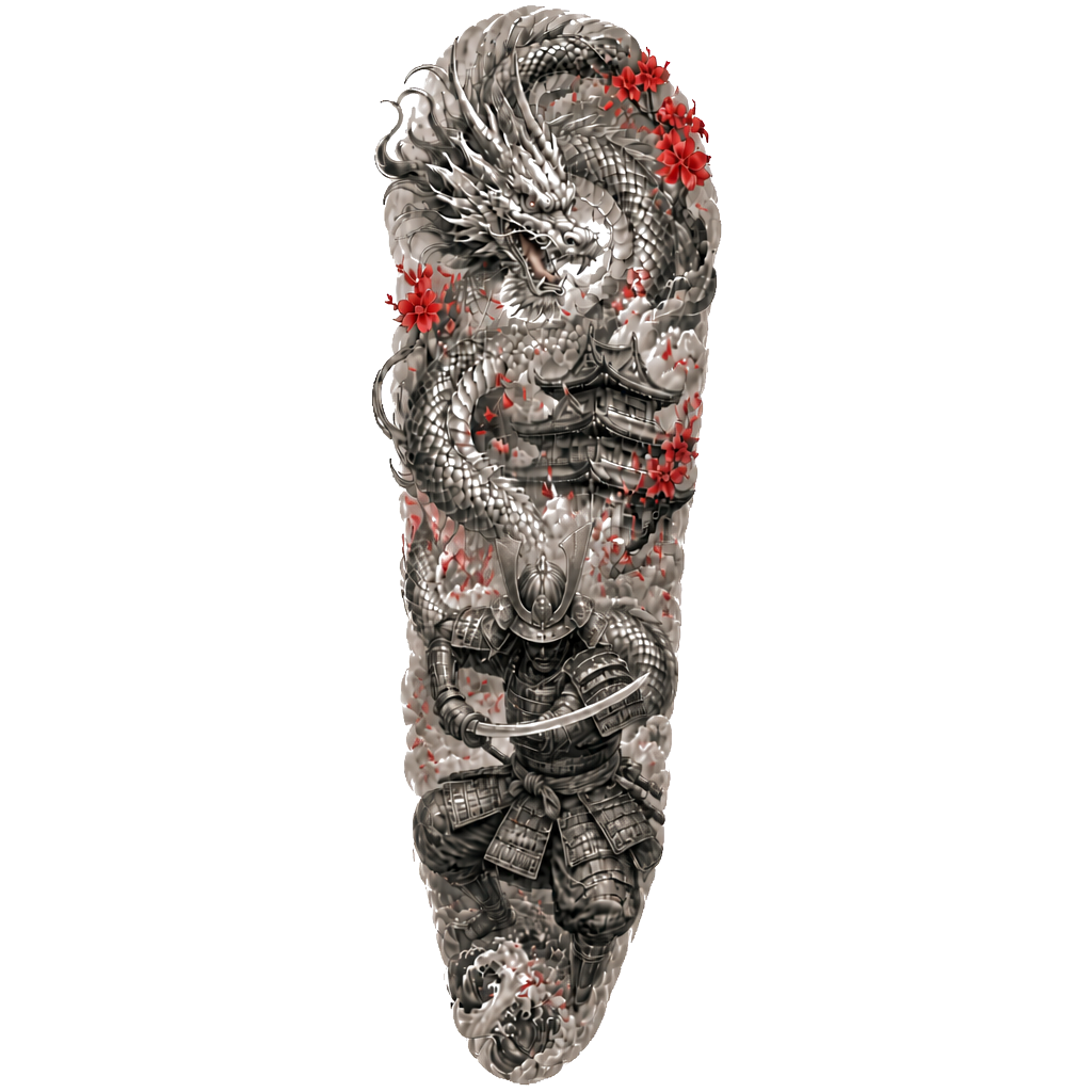 A sleeve tattoo for a man. A Japanese dragon, a warrior, a Japanese building, and some cherry blossoms with a little bit of colour