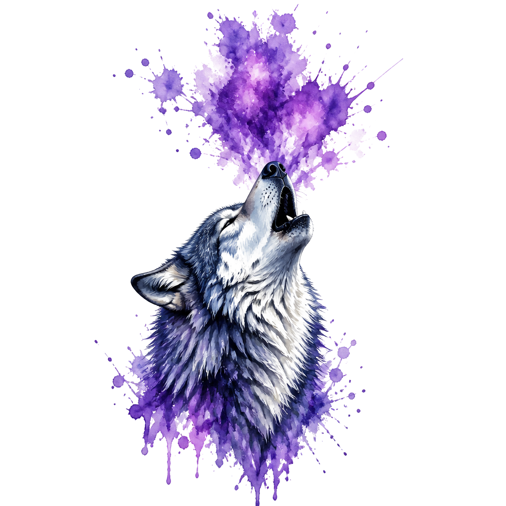 A wolf howling into violet paint splatter
