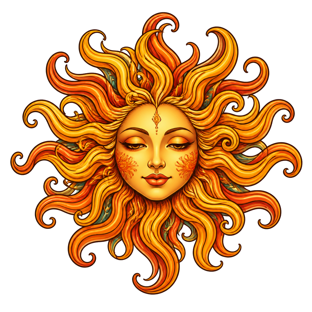 A sun with long flowing hair for rays