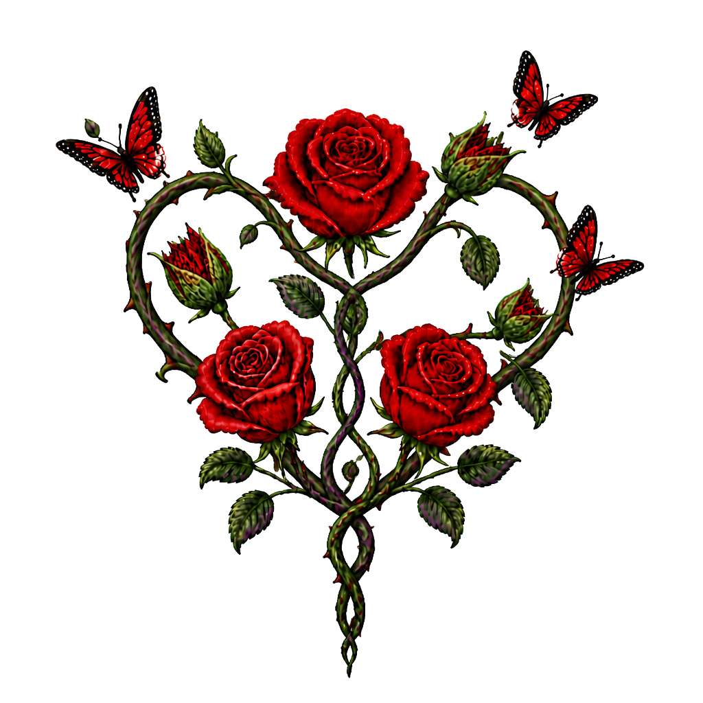 1 rote Rose, 1 geschlossene Rose wo ein Schmetterling entsteht,2 geschlossene Rosen an einen Strang wo aus den geschlossenen Rosen Schmetterlinge entstehen, 1 lila Rose und 1 rote Rose. Alles zusammen mit den Namen Fabian und Dèsirèe verbunden