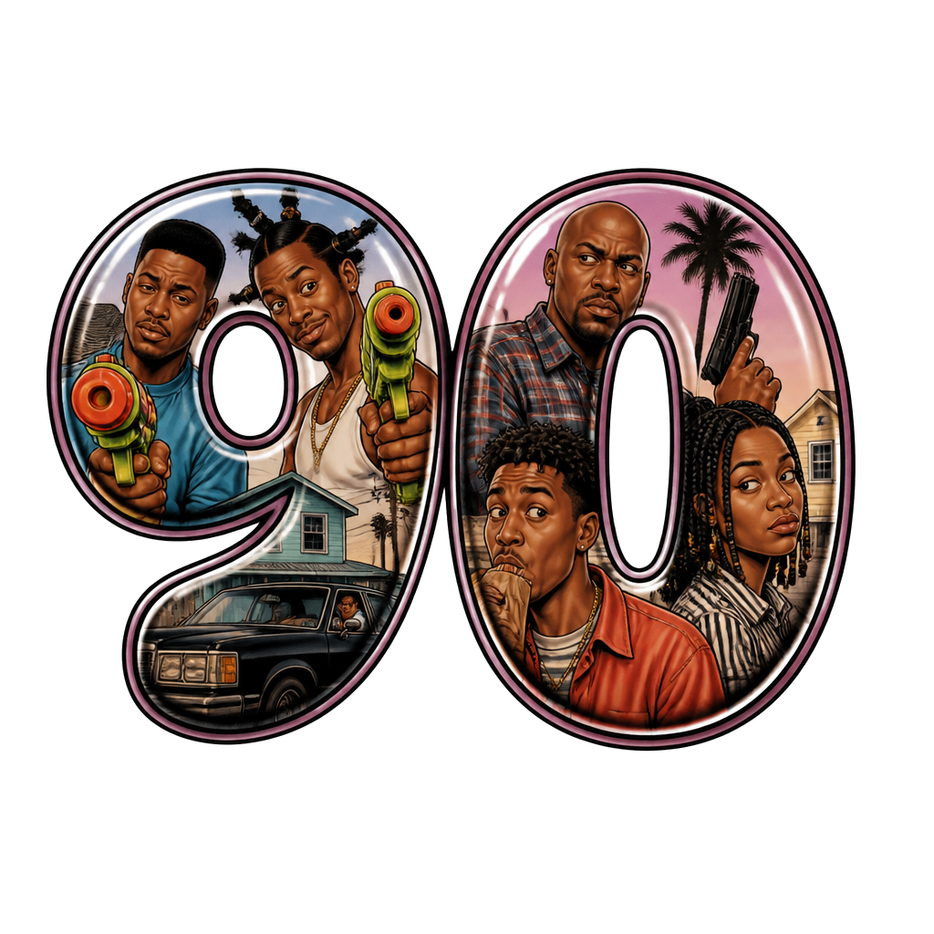 90’s baby bubble letter tattoo with scenes from don’t be a menace inside the 90