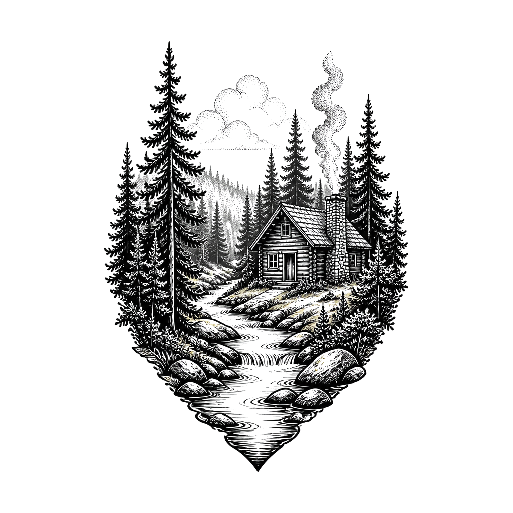 Swedish forest with a little Wood Cabon with a chimney and a little river