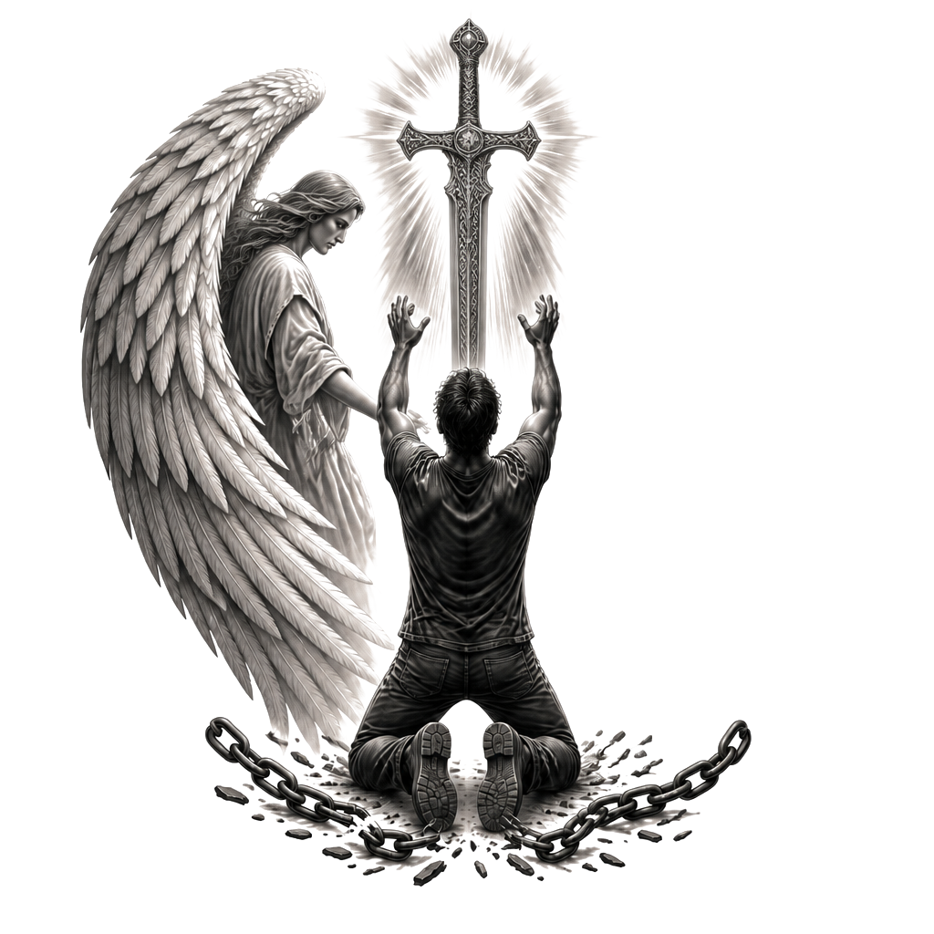 A kneeling figure between a protective angel’s wing and a retreating demon, hands raised toward a radiant cross, with broken chains beneath symbolizing strength through God.