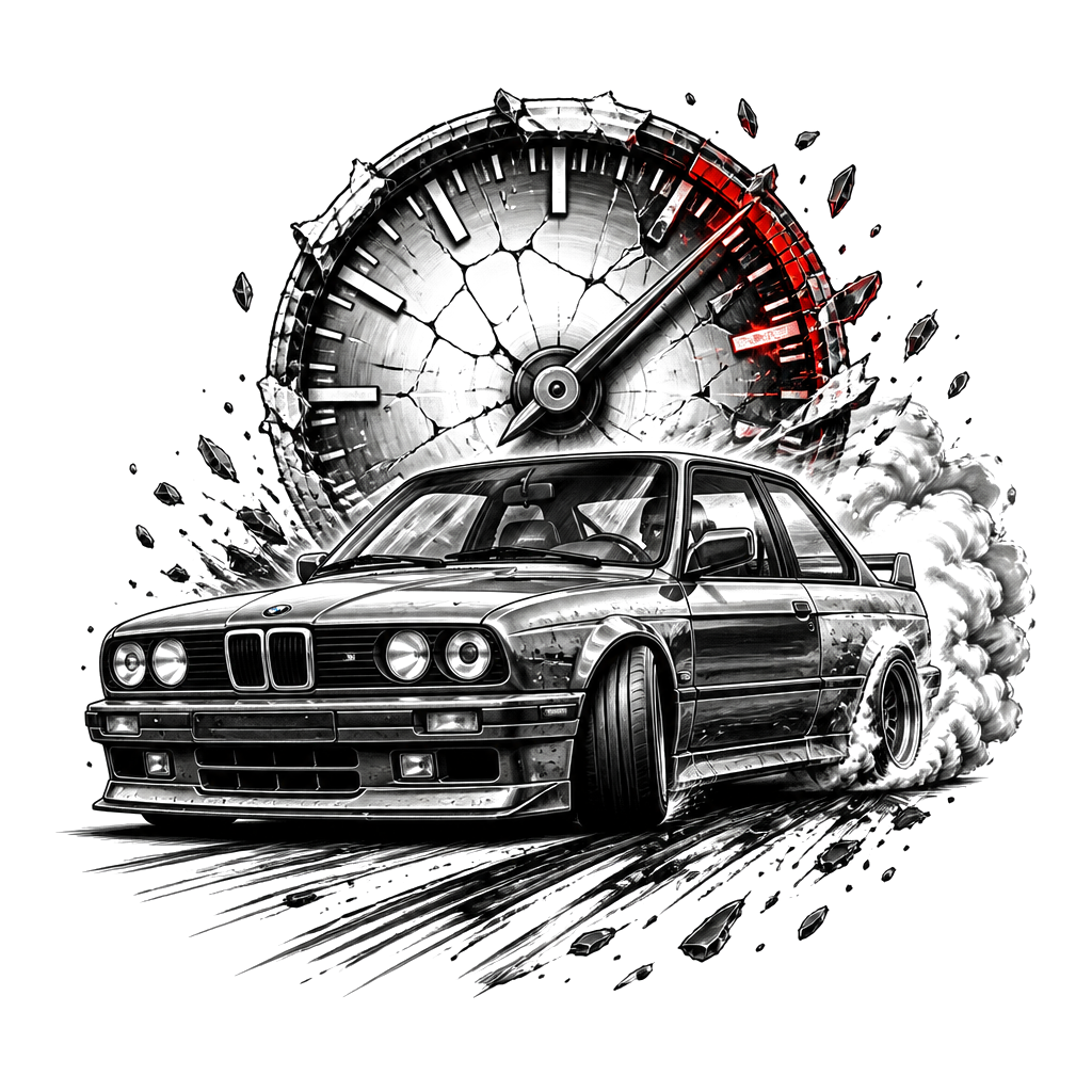 BMW e30 while drifting with a rev clock under broken and in the limit redline