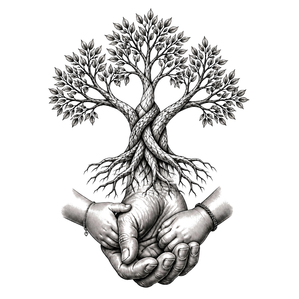 A father’s protective hand holding two smaller hands—one daughter, one son—beneath a single rooted tree with three interwoven branches.