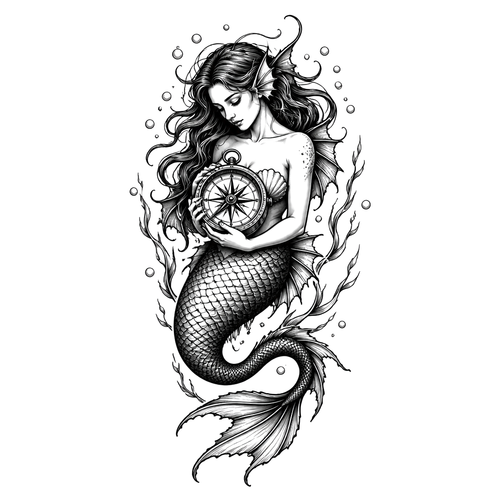 A siren holding a sailor's compass beneath the waves