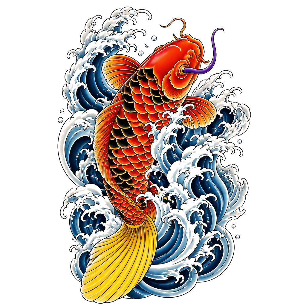 A koi fighting upstream through crashing waves