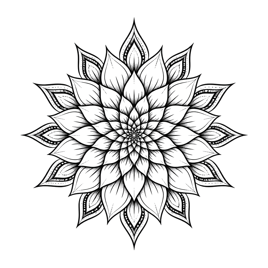 A dahlia mandala with petals tapering into a point