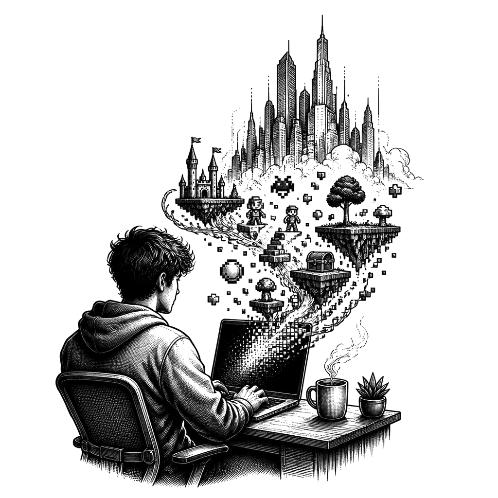 An entrepreneur at a MacBook, coding beside morning coffee, while emerging game worlds and pixelated symbols flow from the screen into a growing venture skyline.