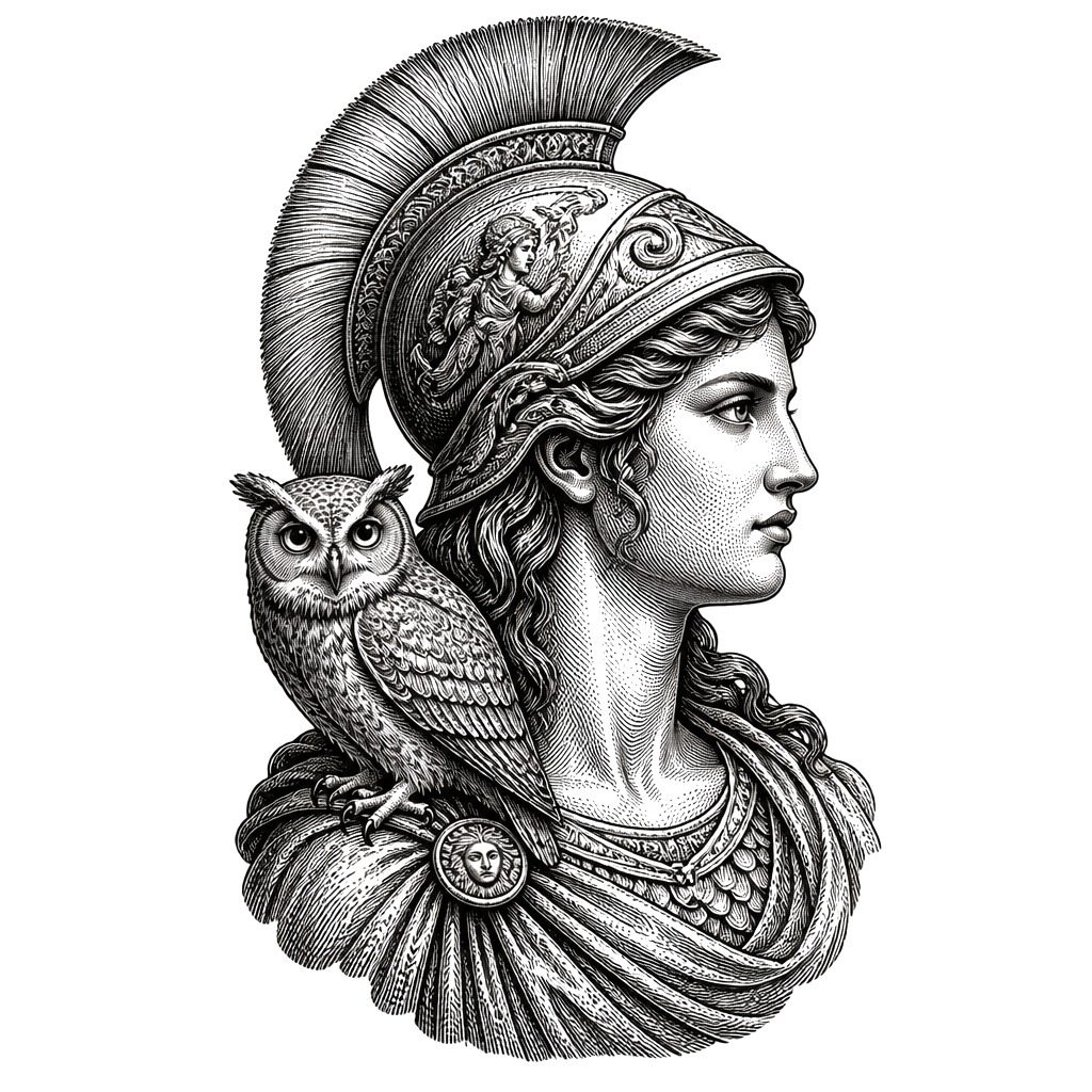 Athena's helmeted profile with an owl on her shoulder