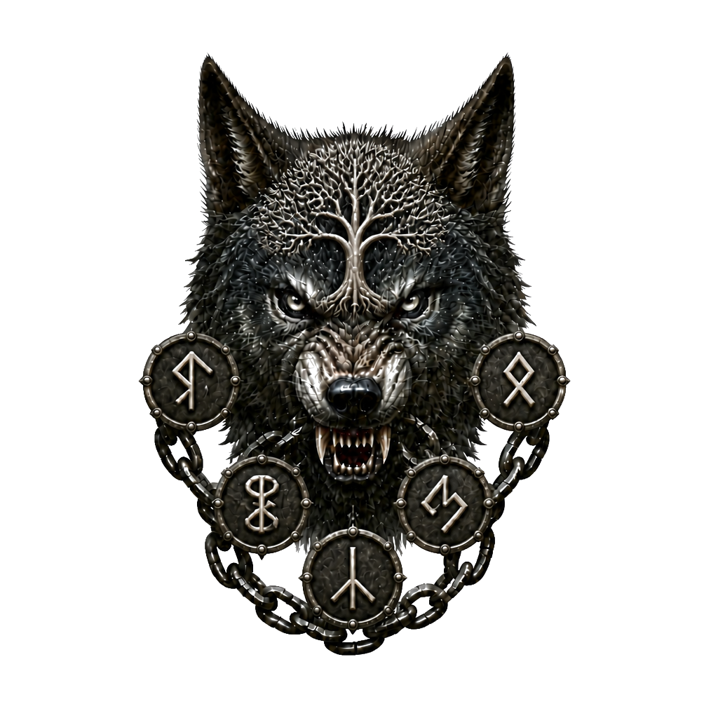 Fenrir’s snarling head centered on the forehead, Yggdrasil roots spreading toward the temples, broken chains flowing from its jaws and wrapping around the neck.