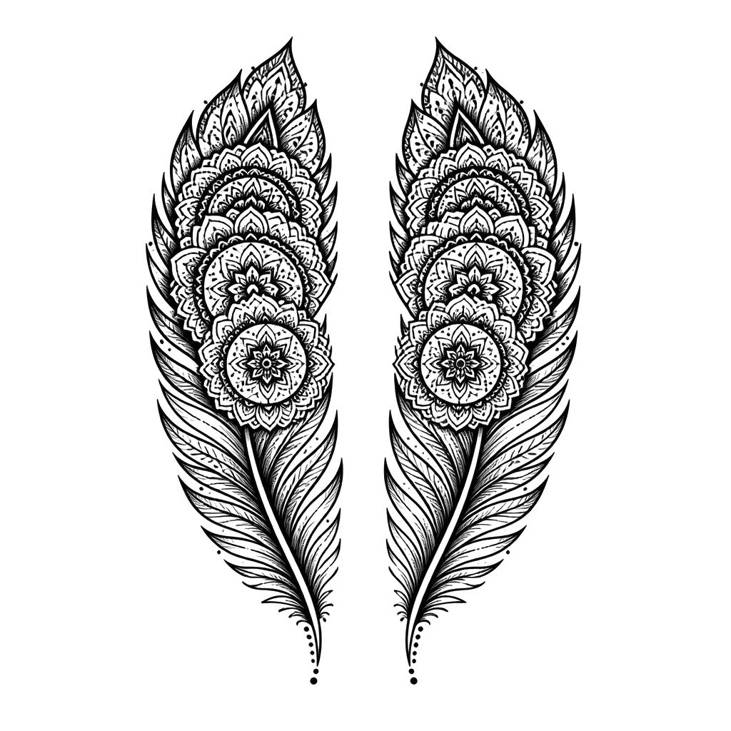 A pair of mirrored feathers built from mandala rings